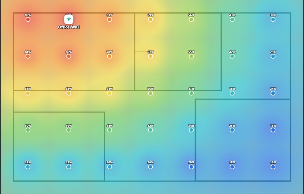 Coverage heatmap over a floor plan, strong near the access point and weak at the far end